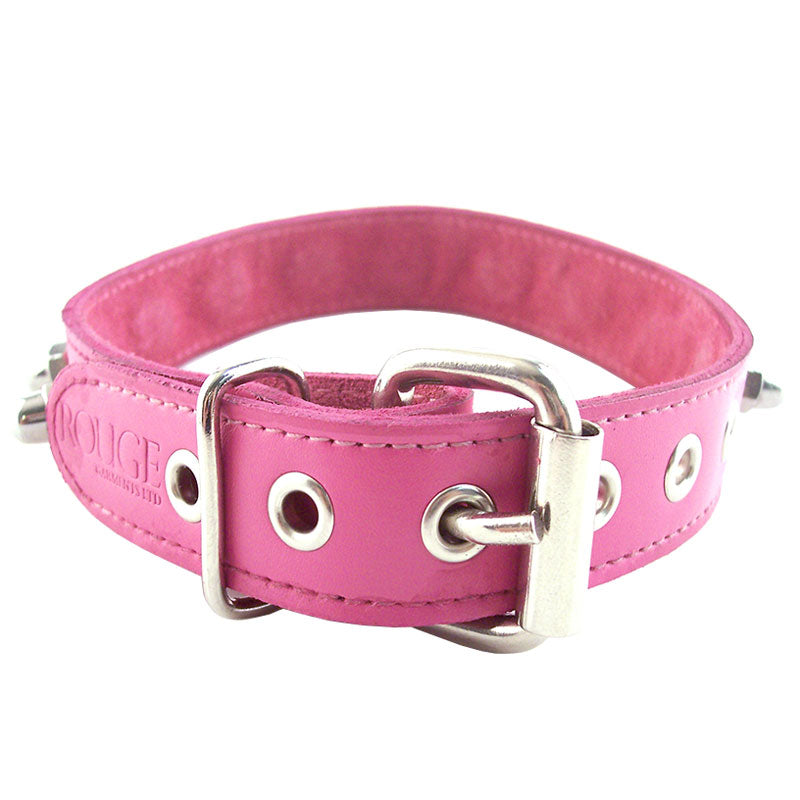 A pink fabric dog collar with silver-coloured metal hardware, including a buckle, by rouge garments.