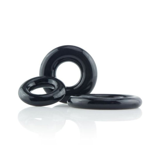 Three black Screaming O RingO cock rings made of smooth, flexible material, for love play.