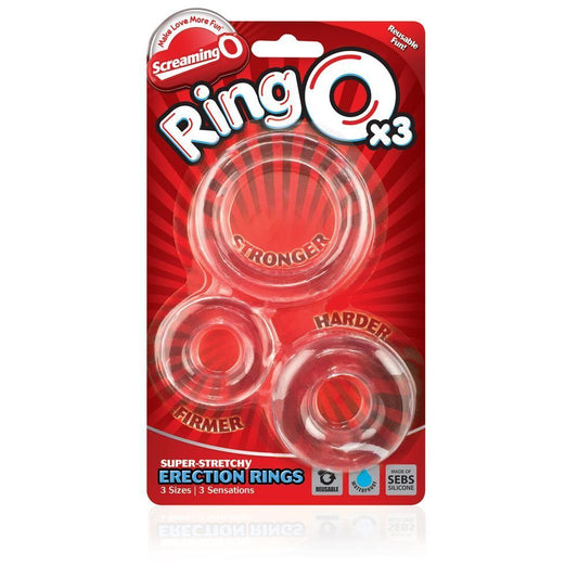 Three clear, stretchy love rings from Screaming O for enhanced pleasure and connection.