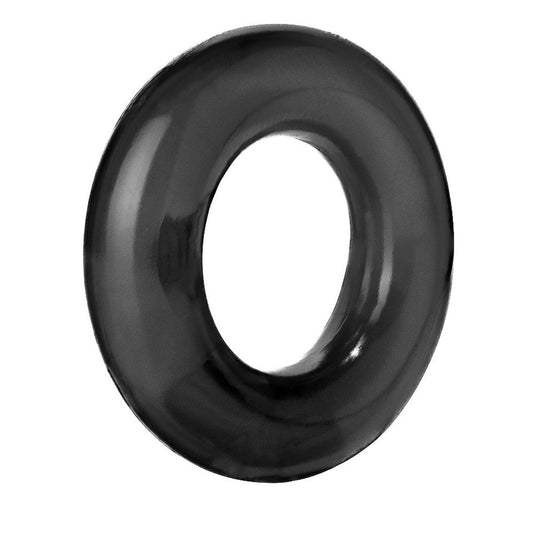 Close-up of two black 'ringo' love rings, likely silicone or rubber, for adult use.