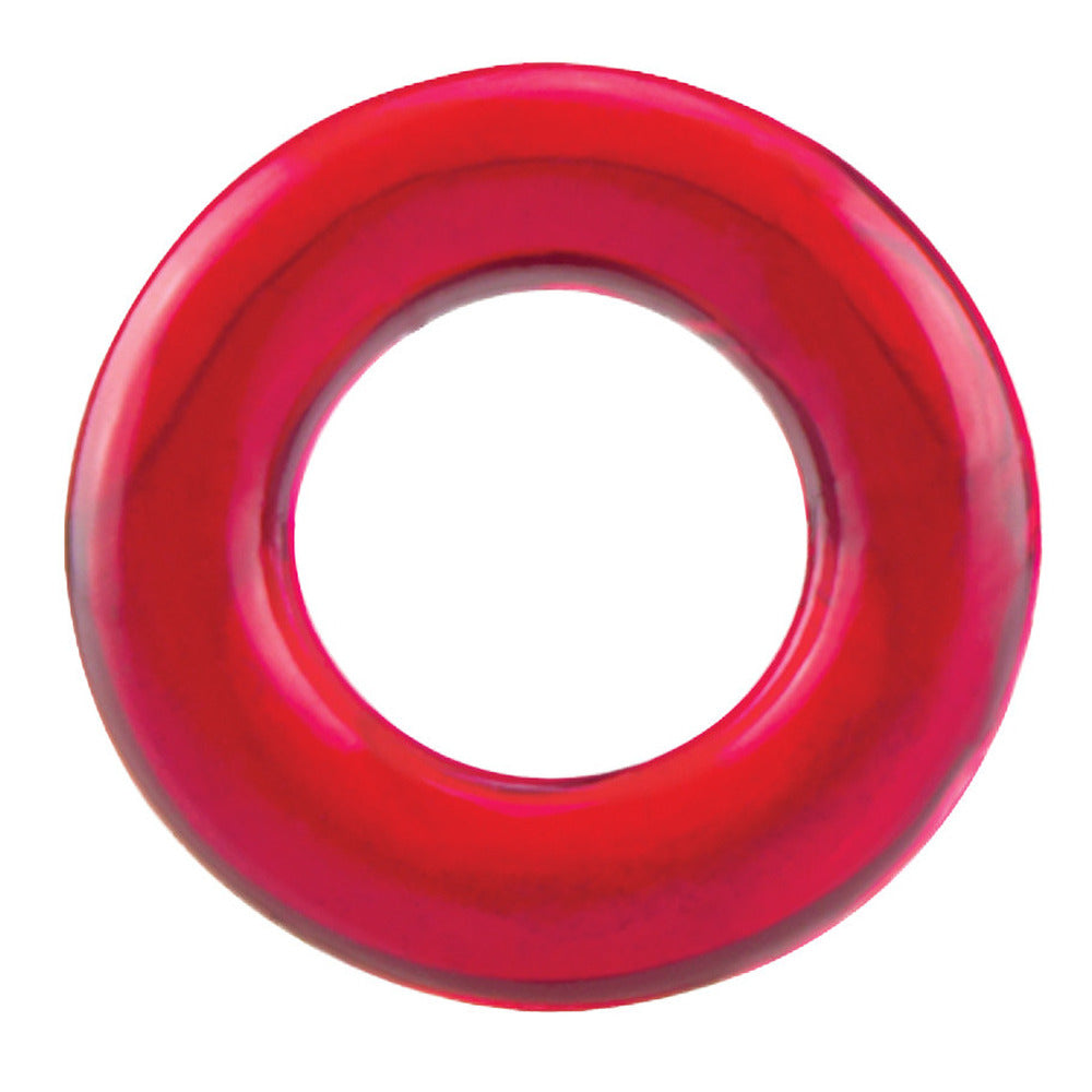 A red, stretchy ring designed for pleasure, shown close-up, a love ring accessory.