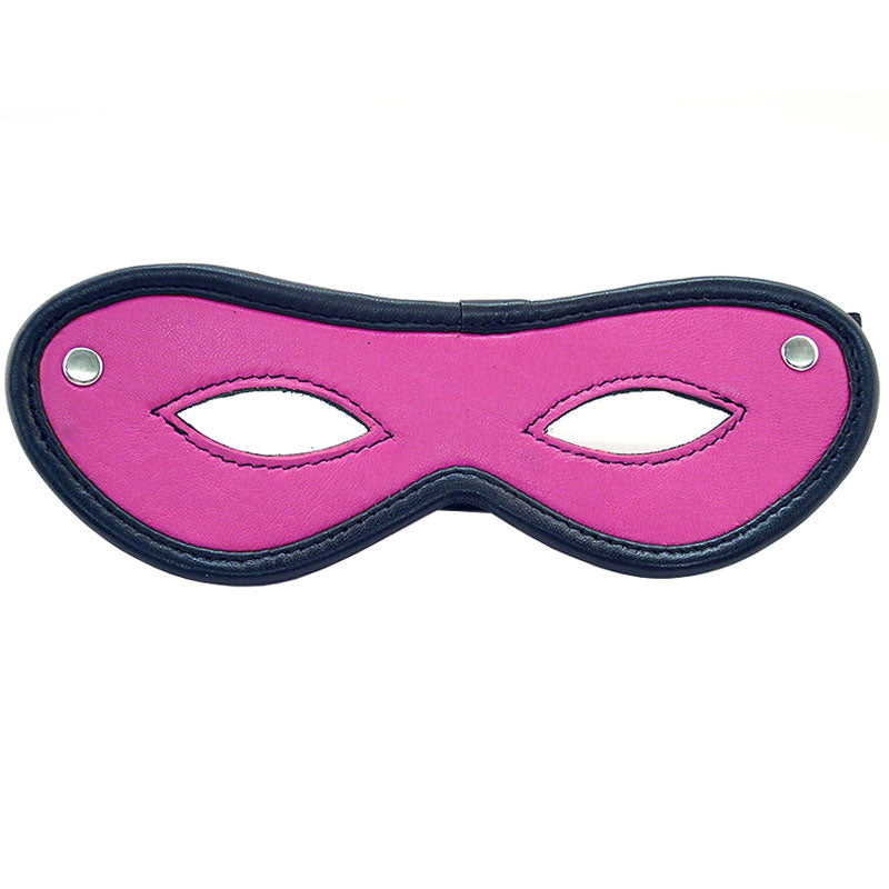 Close-up of a pink satin eye mask with open eye design, by rouge garments.