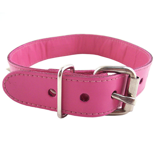 Rouge Garments pink collar with silver-tone studs and a metal O-ring, for a punk aesthetic.