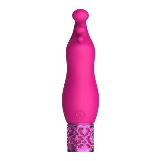 Close-up of a pink, rechargeable silicone bullet vibrator from Shots Toys' Royal Gems range.