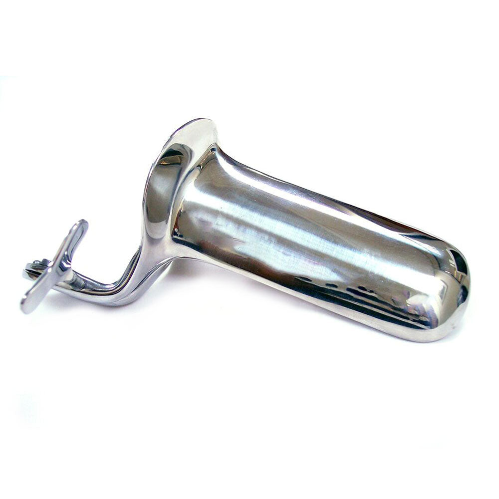 Rouge Garments large stainless steel speculum, a shiny medical instrument for examinations.