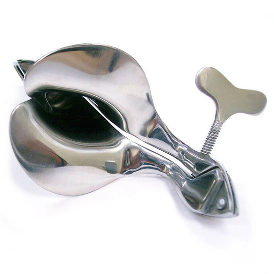 Rouge stainless steel speculum, large size, a shiny silver colour, a medical instrument.