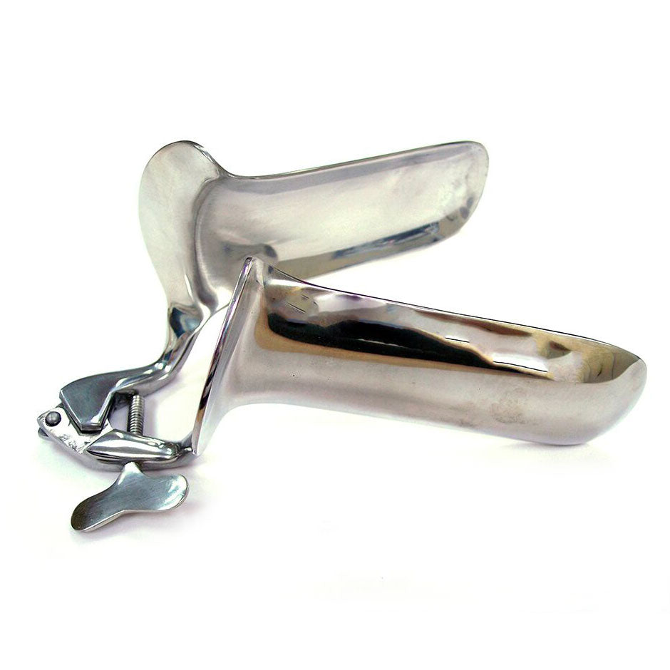 Rouge stainless steel speculum in a large size, medical instrument with a polished finish.