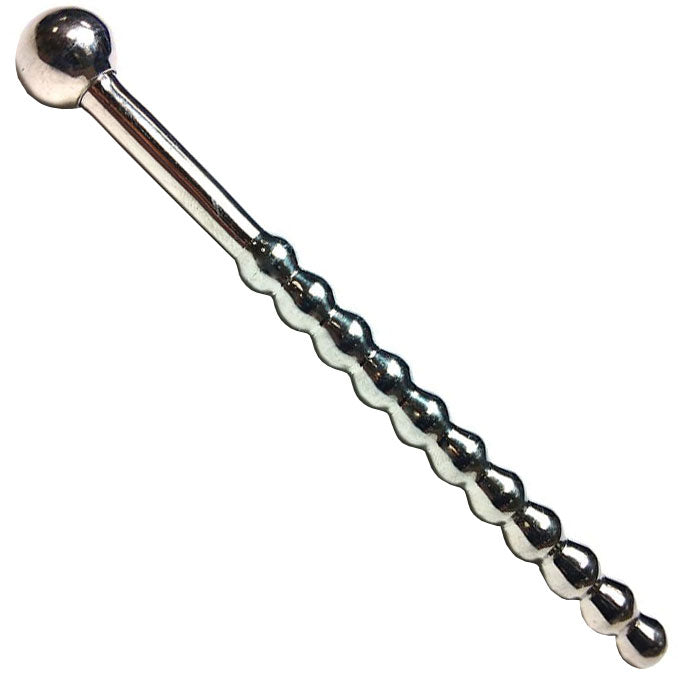 Rouge Garments stainless steel urethral sound with beaded detailing for cock and ball bondage.