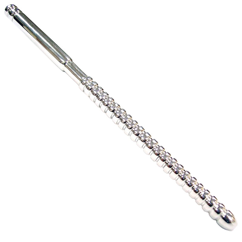 Rouge stainless steel urethral sound, seven inches long, for cock and ball bondage play.