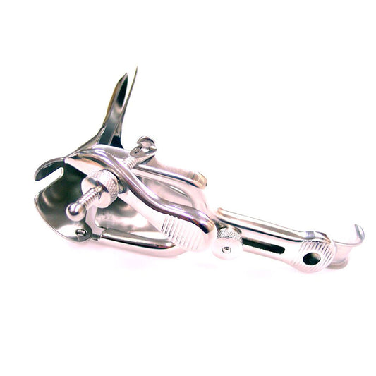 rouge stainless steel vaginal speculum medical instrument for gynaecological examinations, shiny finish.