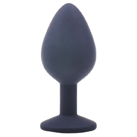 Medium black silicone butt plug with jewelled detailing, a sleek and comfortable design.