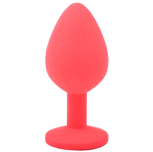Medium red silicone butt plug with jewelled detailing, a delightful bedroom addition.