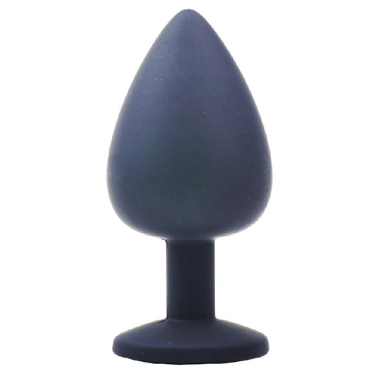 Large black silicone butt plug from various toy brands, embellished with sparkling jewels.