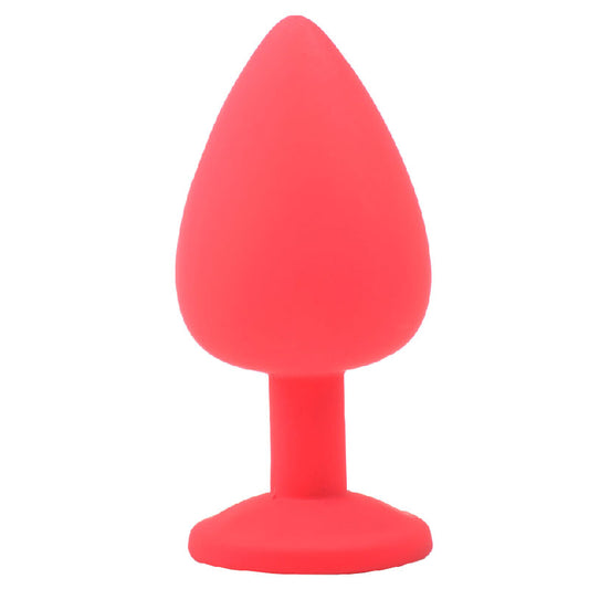 Large red silicone butt plug from various toy brands with a jewelled base.