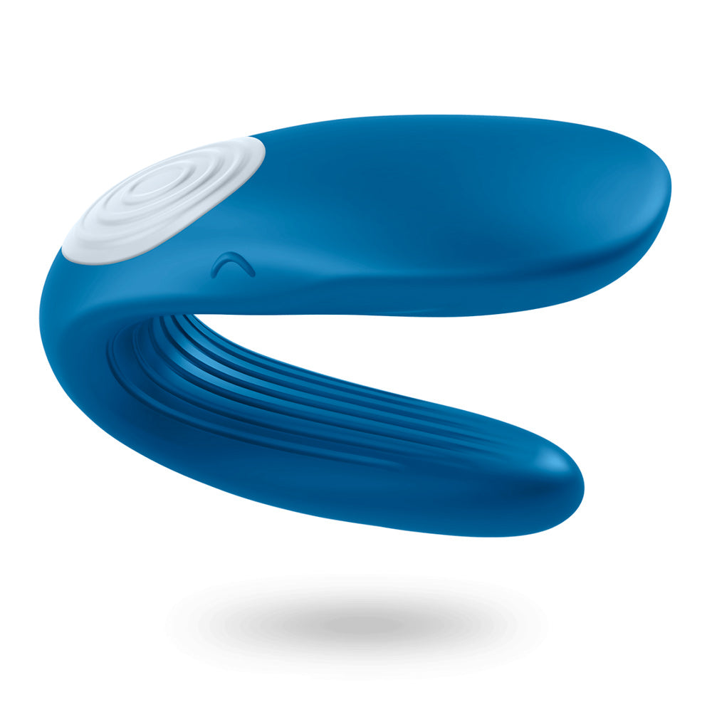 Satisfyer Partner Whale couples vibrator, a blue and white sex toy shaped like a whale.