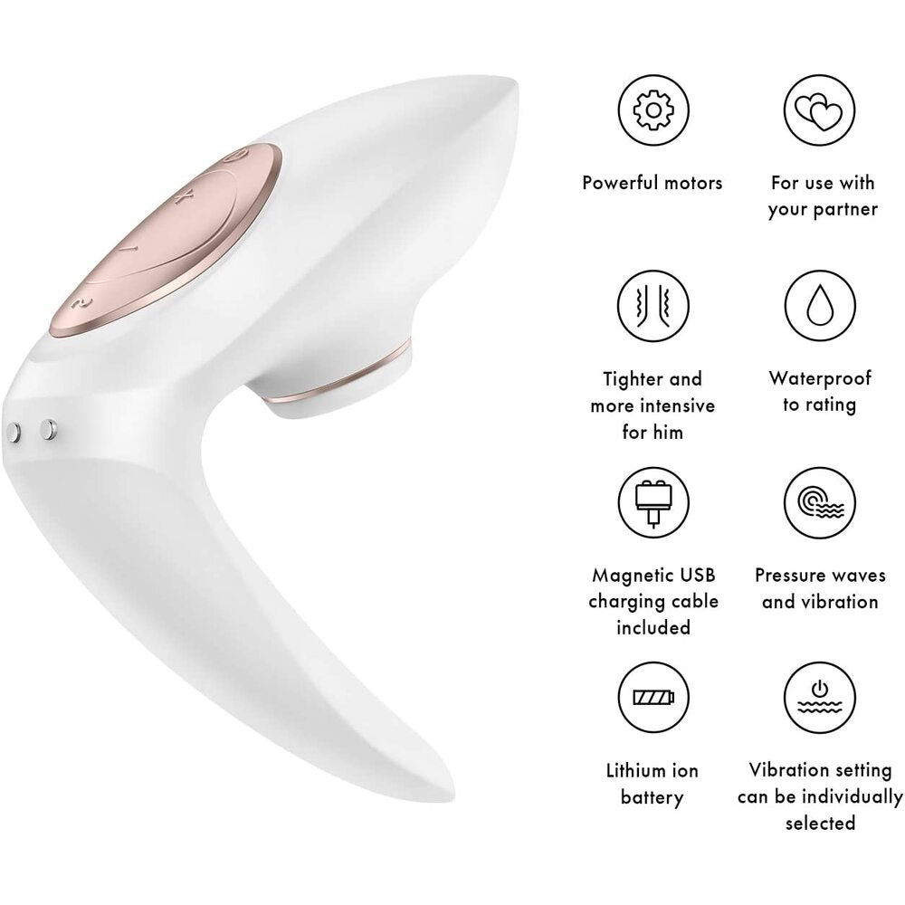 Satisfyer Pro 4 Couples vibrator in pink and silver, designed for shared pleasure.