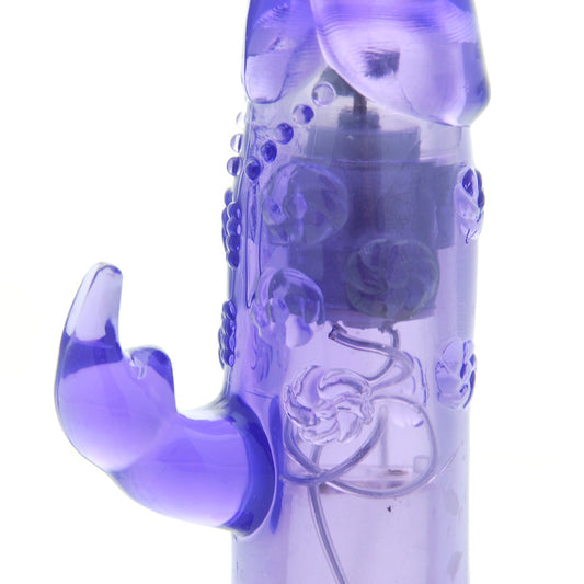 Close-up of the california exotic first time bunny vibrator, a purple pleasure product.