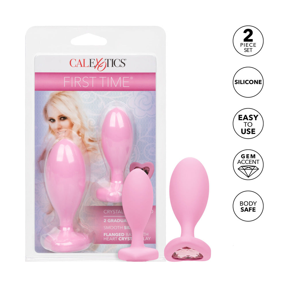 California Exotic's First Time Crystal Booty Duo, jewel-encrusted glass butt plugs, two-tone design.