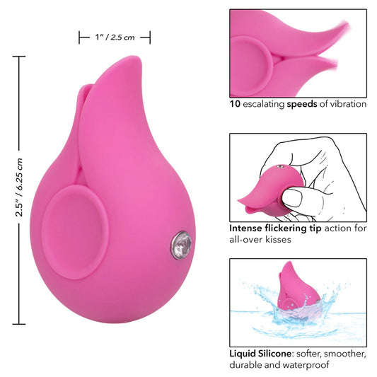 California Exotic LuvMor Kisses clitoral stimulator, a pink and silver flickering vibrator for pleasure.