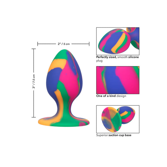 California Exotic cheeky medium tie dye butt plug in a vibrant, swirled design