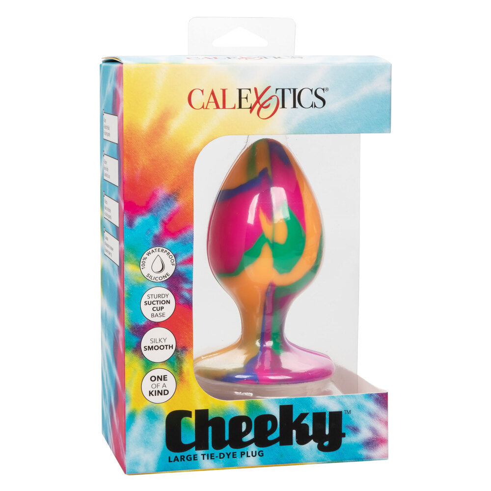 A vibrant, large tie dye butt plug from California Exotic, for pleasure and play.