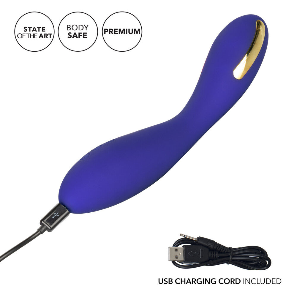 Close-up of a silver Estim wand massager from California Exotic, for electro sex play.