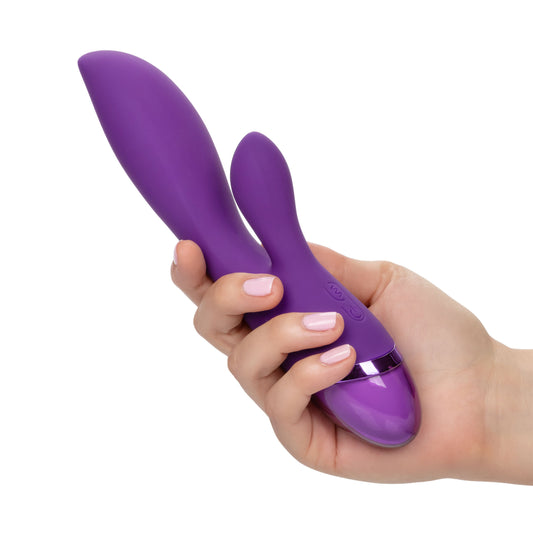 Purple rechargeable vibrator with clitoral stimulator for couples' pleasure, showcasing a smooth, matte finish.