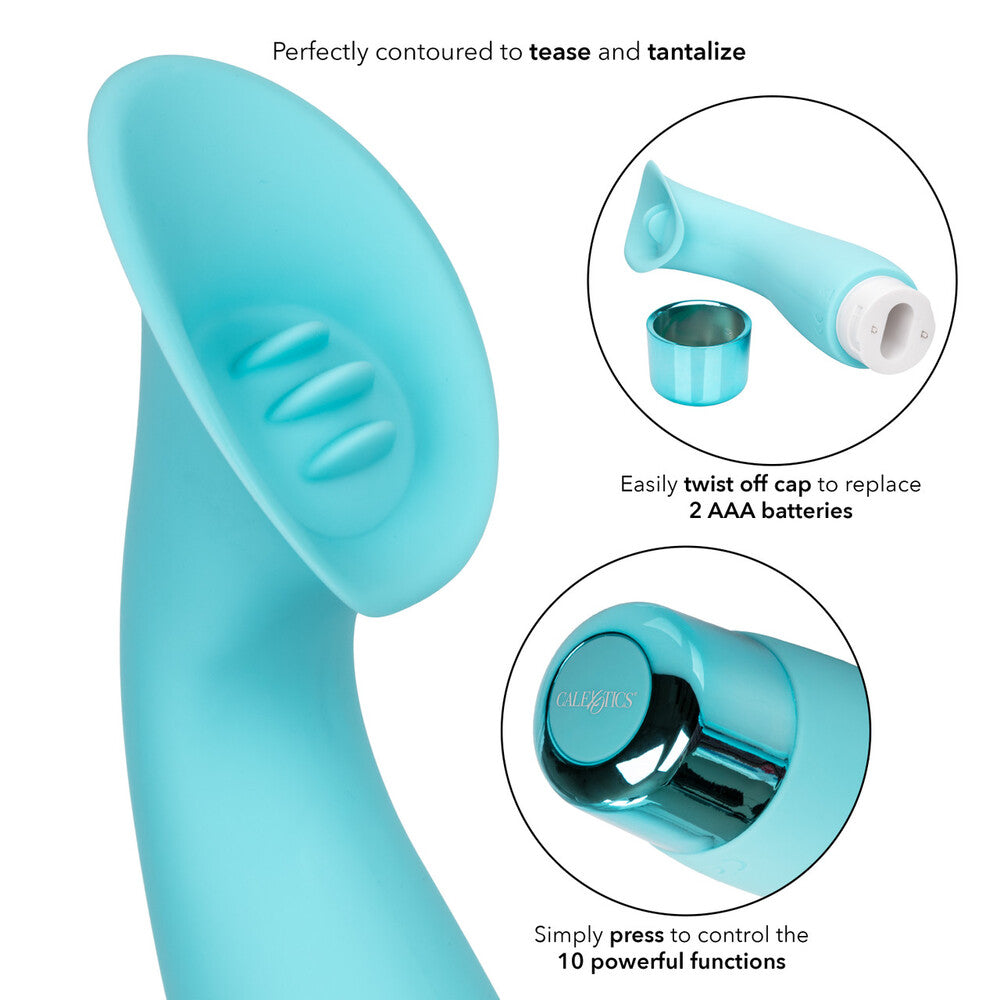 Close-up of a smooth, purple, waterproof silicone clitoral vibrator by California Exotic.