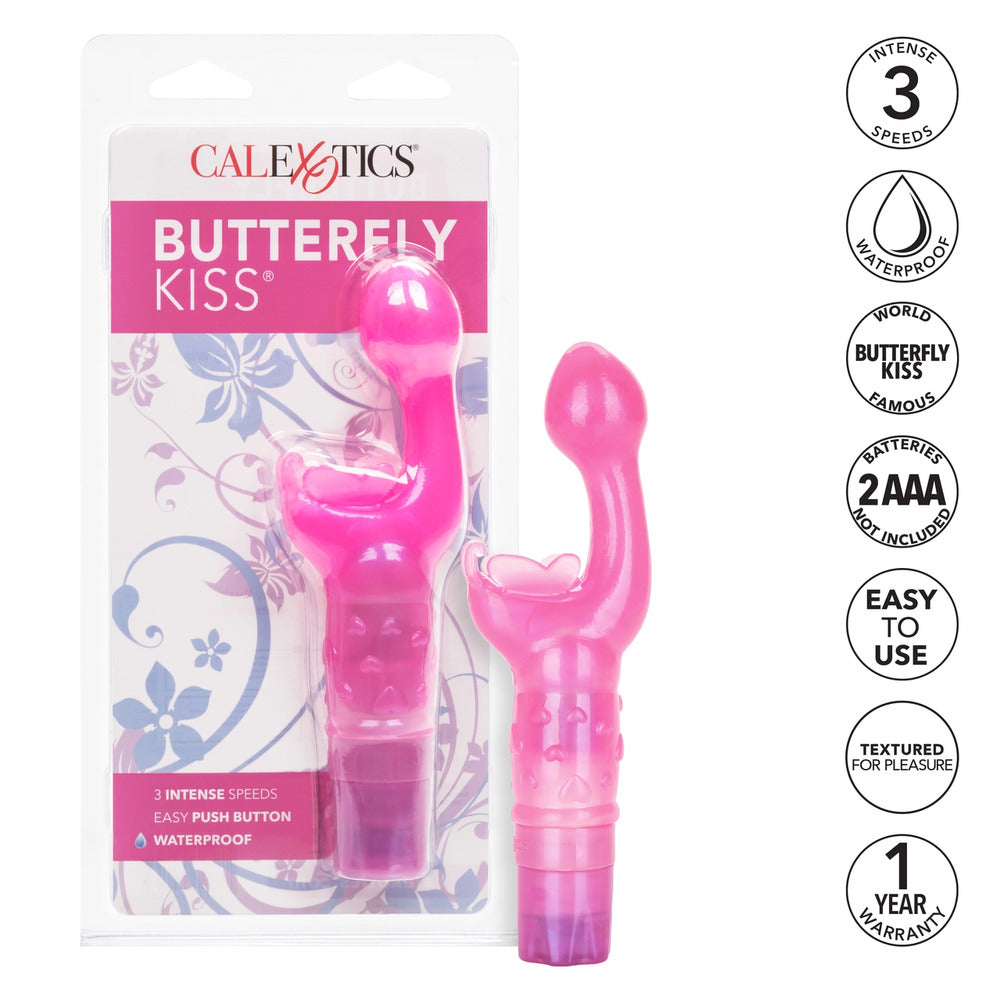 Purple, butterfly-shaped g-spot vibrator from California Exotic, designed for targeted pleasure and stimulation.