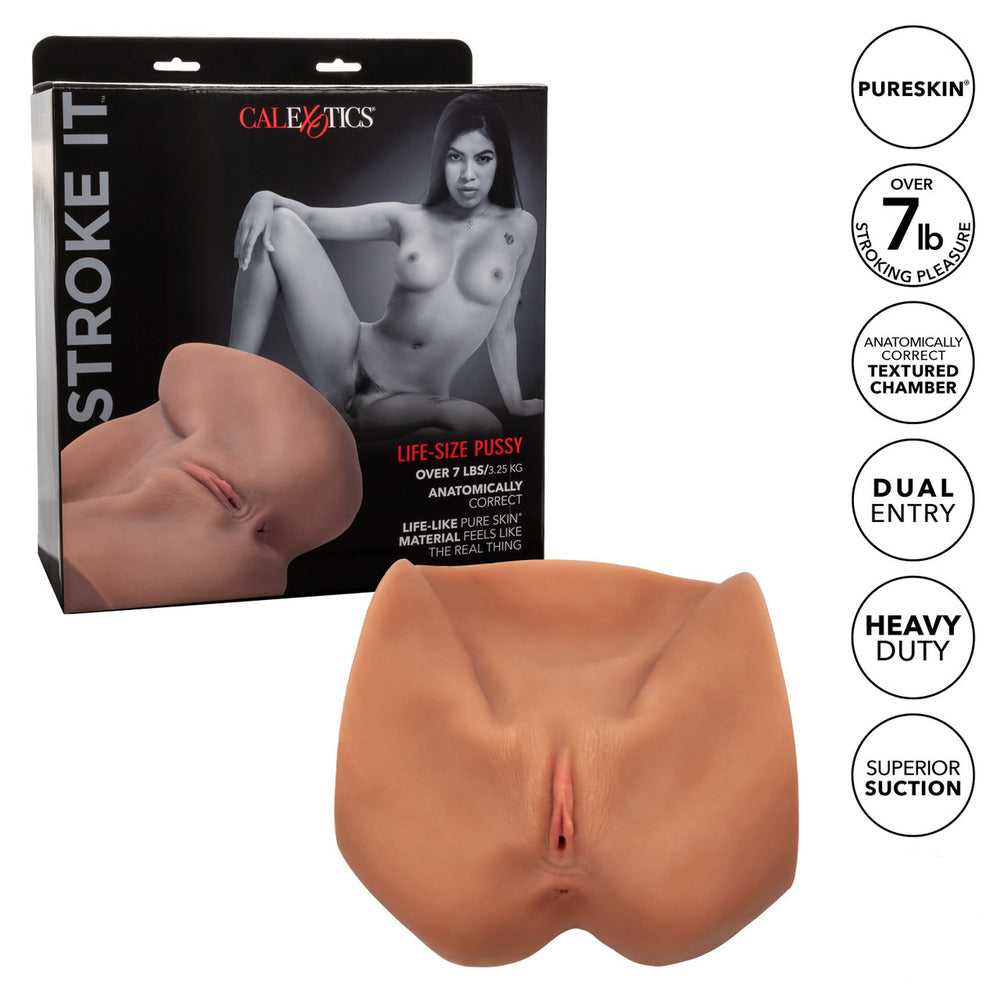 Life-size stroker in a flesh-brown tone, appearing realistic and designed for intimate use.