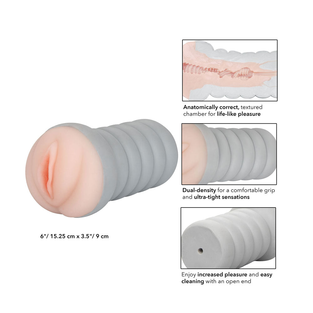 California Exotic ribbed masturbator with internal gripping texture, designed for solo male pleasure.