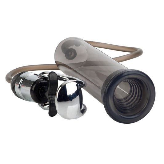 California Exotic Optimum Series pump for penis enlargement, transparent cylinder and black handle.