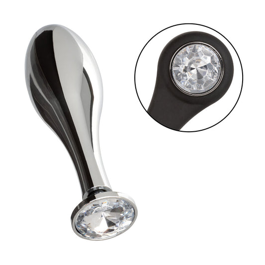 Teardrop shaped, black silicone butt plug with a cockring, for enhanced pleasure.