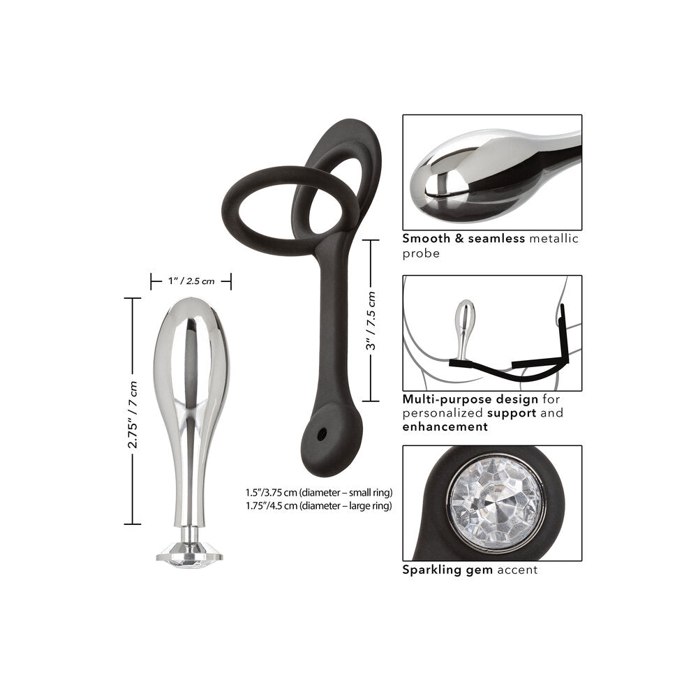 Teardrop-shaped butt plug with attached cock ring, chrome finish, for intimate pleasure.