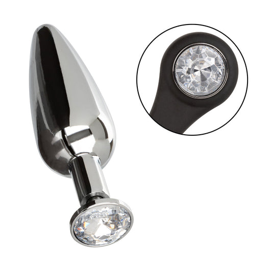 Shiny metallic butt plug with slim design and attached cockring for intimate pleasure
