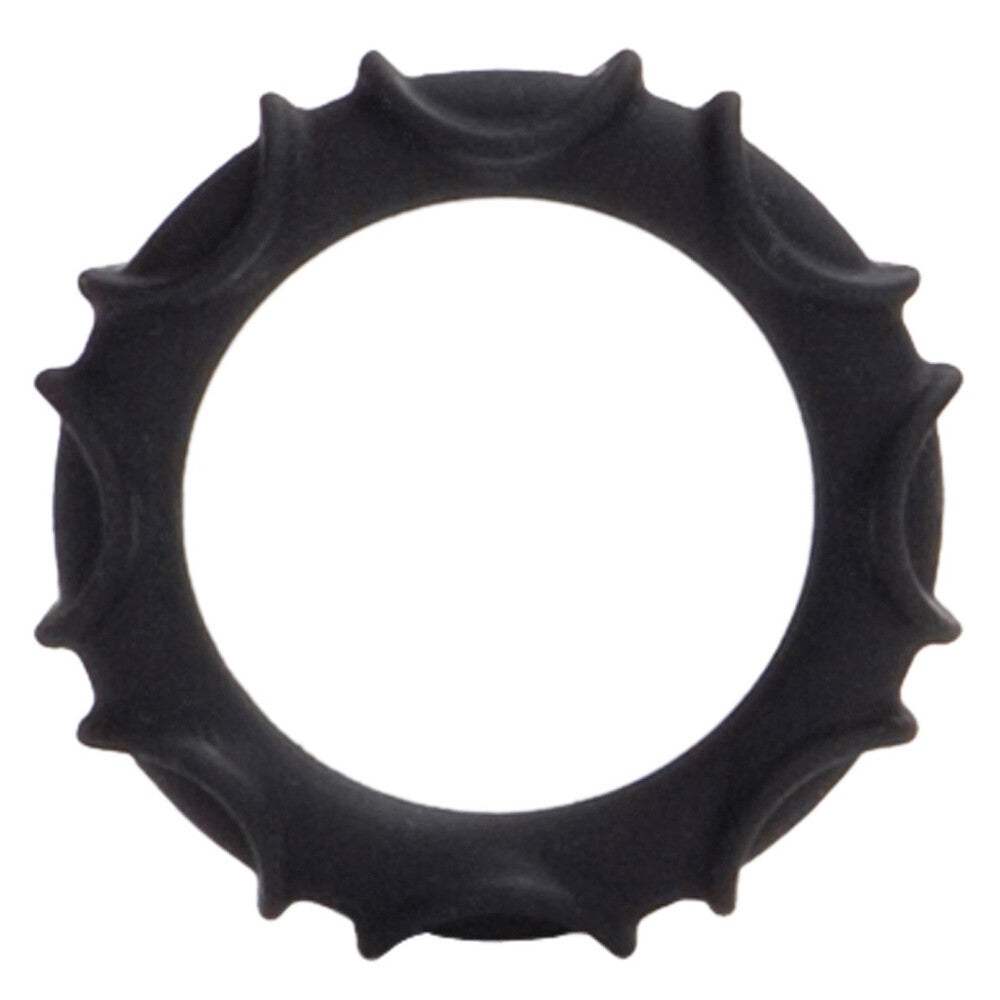 Black silicone love ring from California Exotic, a textured cock ring for enhanced pleasure.