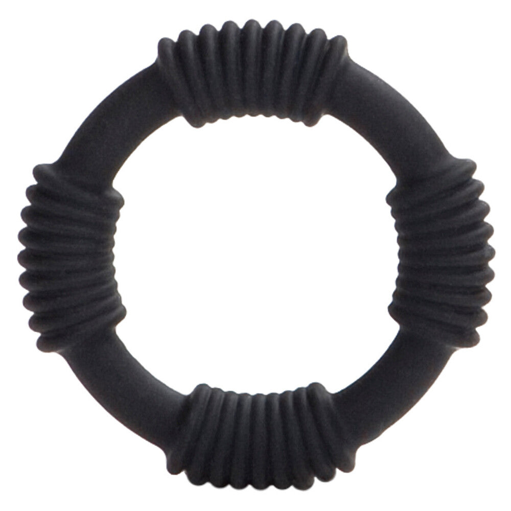 silicone love ring in dark grey, a hercules cock ring from california exotic