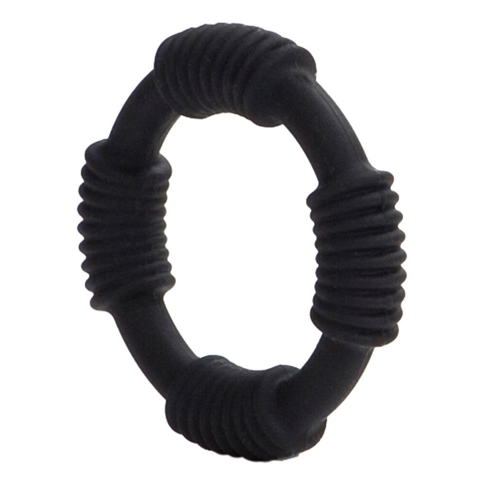 california exotic hercules silicone love ring, a textured cock ring in dark grey.