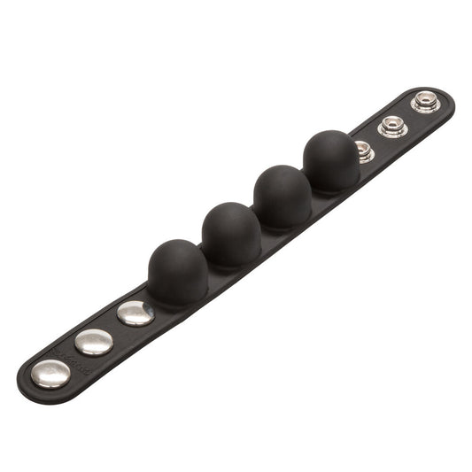 California Exotic weighted ball stretcher, cock rings for bondage, smooth black silicone.