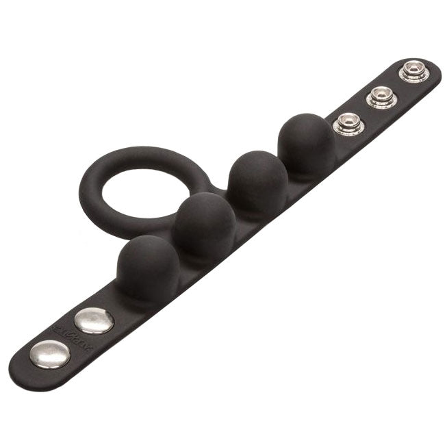 Medium-sized weighted cock ring and ball stretcher in a metallic finish for bondage play