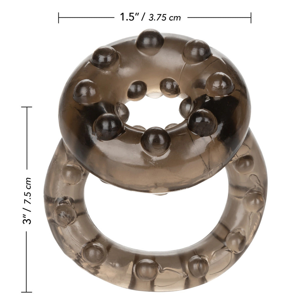 Close-up of a silver-tone love ring vibrator with textured detailing from California Exotic.