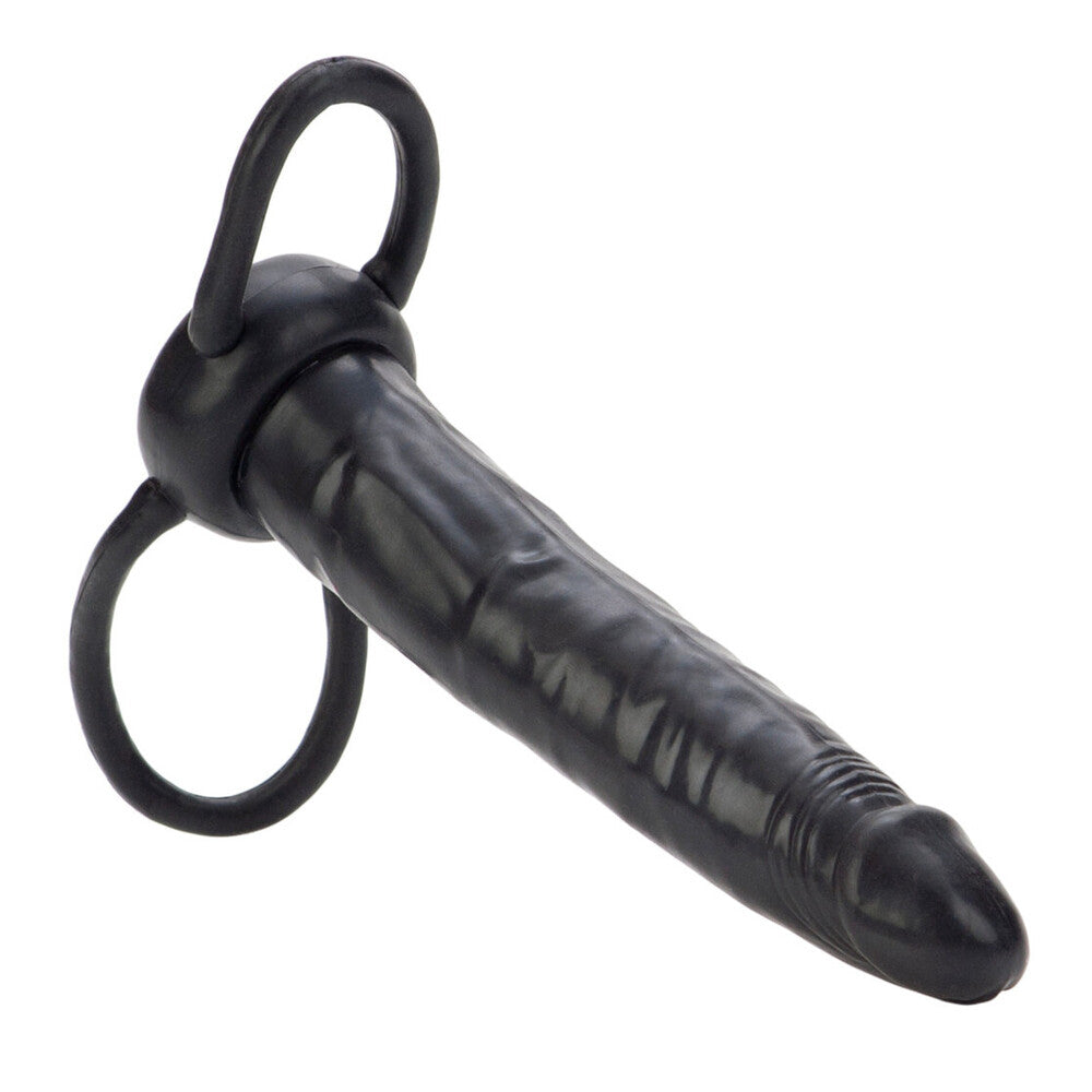 Black, dual-ended penetrator dildo by California Exotic, designed for strap-on harness use.