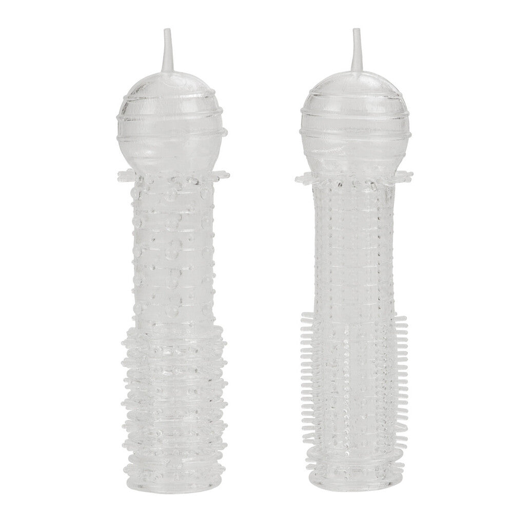 Two beige Senso penis sleeves from California Exotic, ribbed and textured for enhanced pleasure.