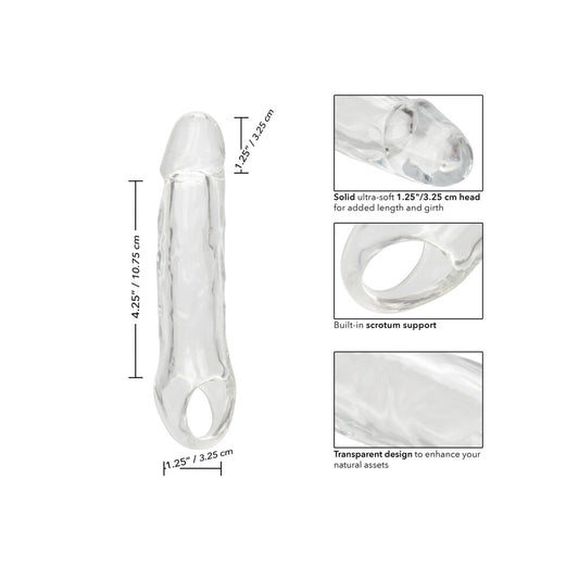 Clear, smooth penis extender sheath by california exotic, designed for enhanced pleasure and performance.