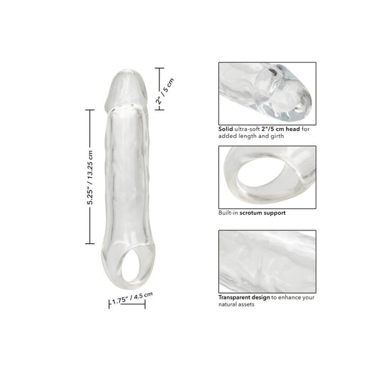 clear, smooth calexotics performance maxx penis extension, approximately 7.5 inches in length