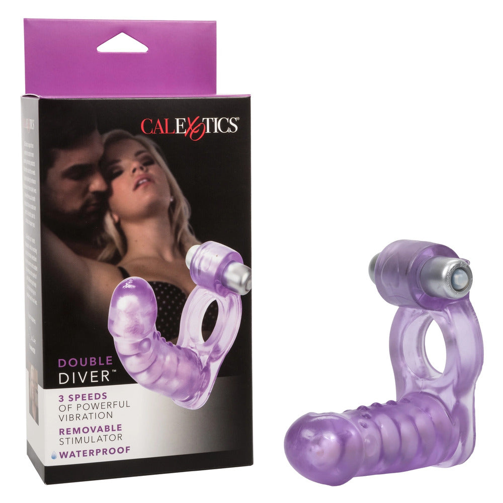 California Exotic double ended vibrating dildo, purple and silver, for couples play
