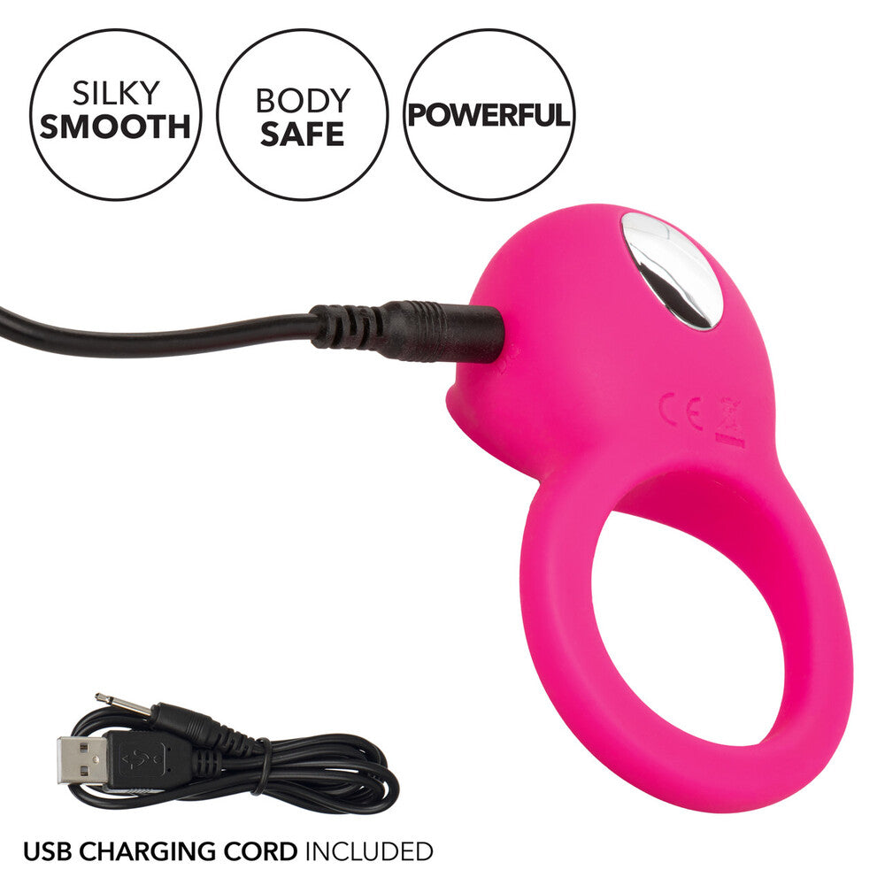 rechargeable love ring vibrator from california exotic with teasing tongue, in purple silicone