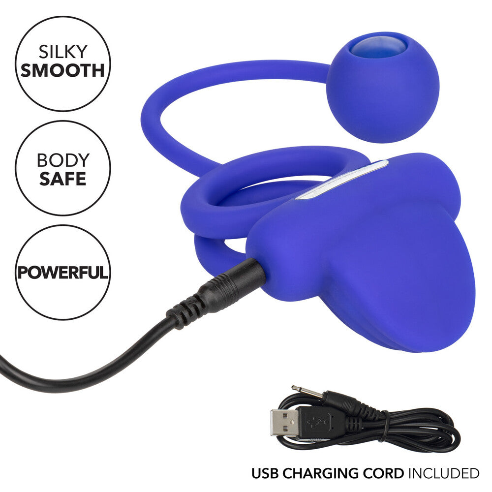 California Exotic rechargeable cock ring with dual vibrators for enhanced pleasure, made of smooth silicone.