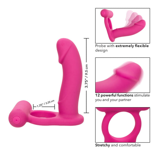 California Exotic silicone love ring vibrator, double-ended design for couples, rechargeable pleasure toy.