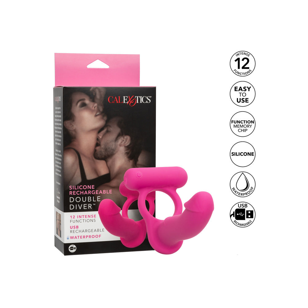 Rechargeable double vibrator, a silicone love ring in a deep purple colour, for couples.